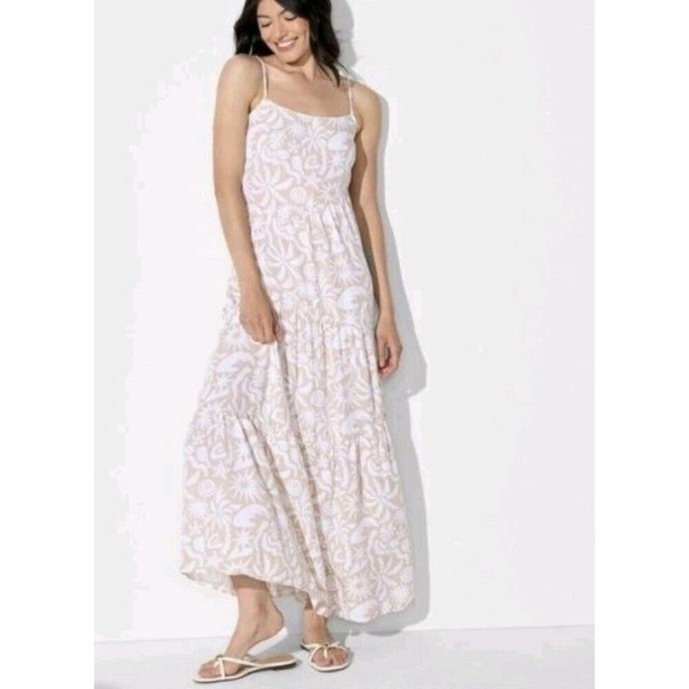 Women's Maxi Sundress Taupe White Seashell Print XXS Tiered Euro Summer Boho